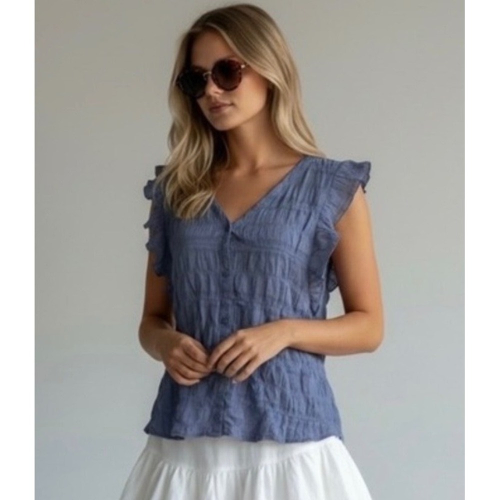 Design History Blue Crinkle Ruffle V-Neck Cotton Blouse Top Large Boho Summer